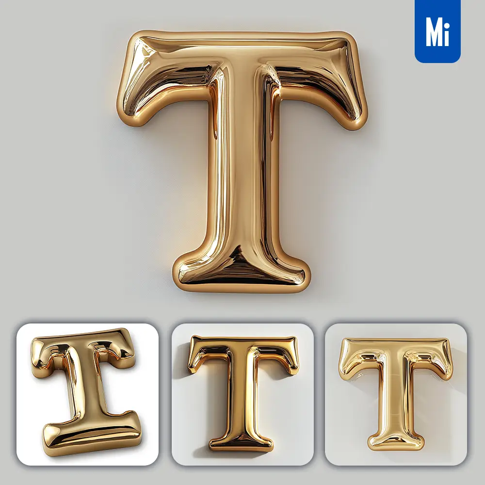 Midjourney Prompt T Letter Gold Golden Single Smooth Glossy 3D Rendering