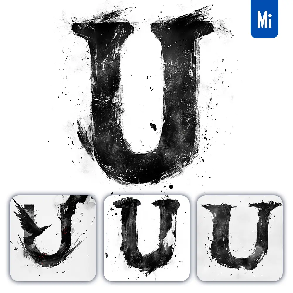 Midjourney Prompt U Letter Black White Chinese Ink Brushstroke Calligraphy Brush Painting