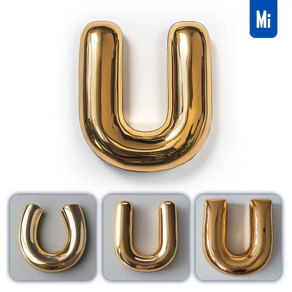 Midjourney Prompt U Letter Gold Golden Single Smooth Glossy 3D Rendering