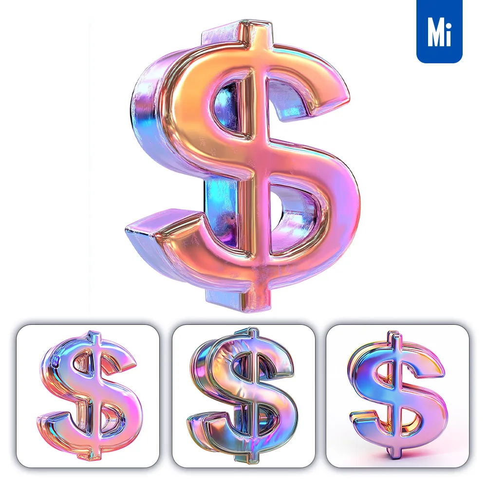 Midjourney Prompt US Dollar 3D Pastel Hologram Holographic Colorful Icon Model