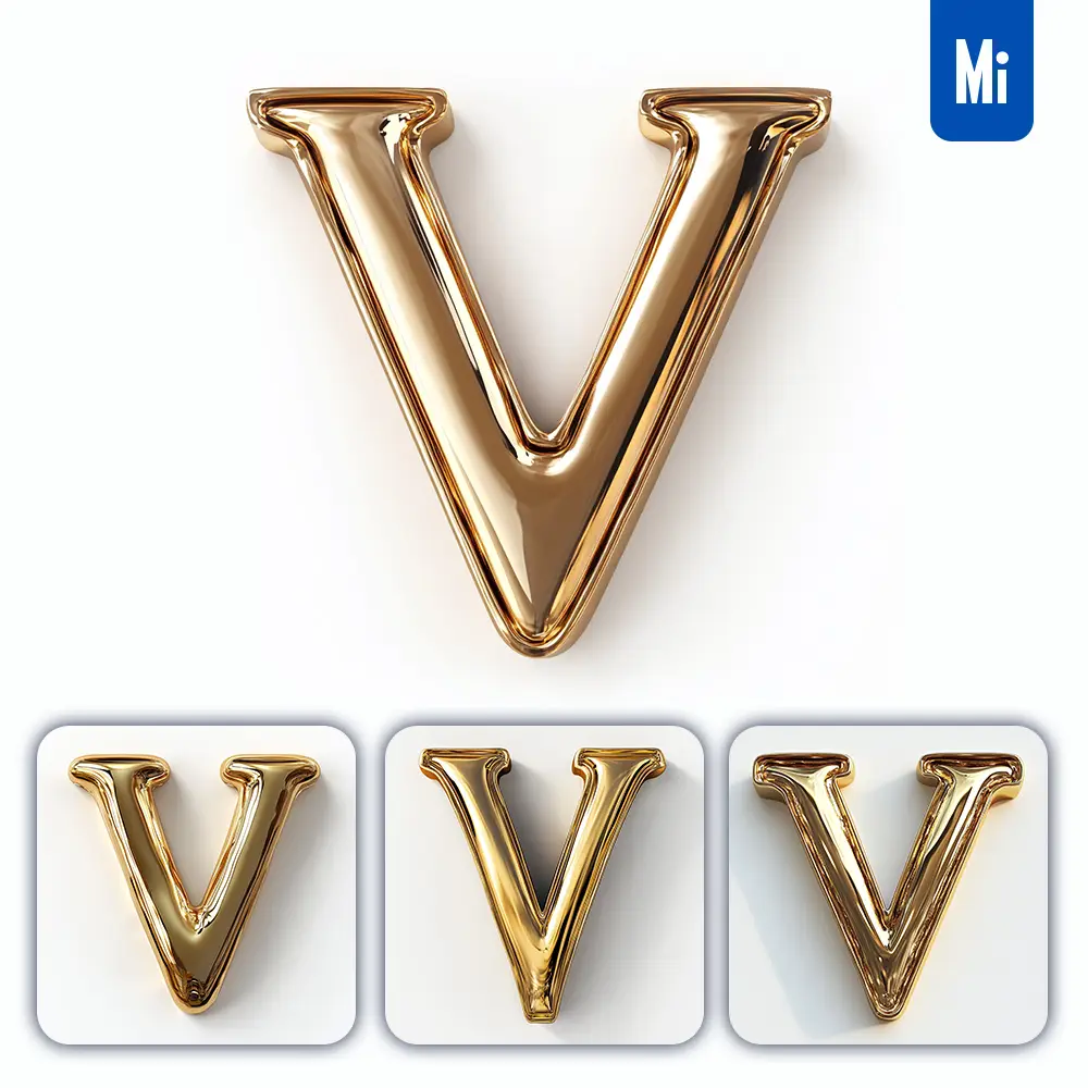 Midjourney Prompt V Letter Gold Golden Single Smooth Glossy 3D Rendering