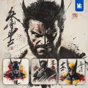Midjourney Prompt Wolverine Marvel Comic Front Portrait Chinese Ink Painting Brush Strokes Pose Traditional Artistic Monochrome