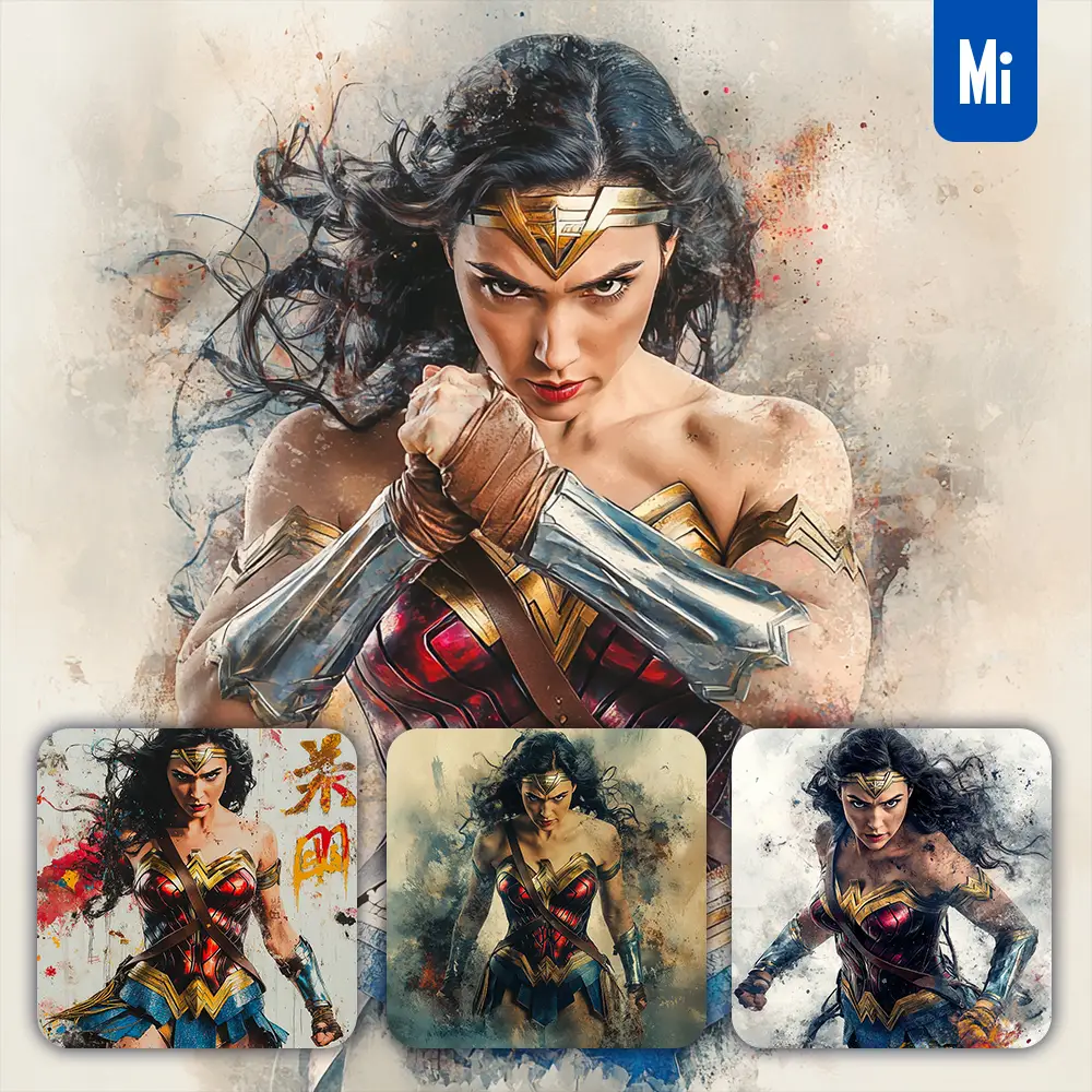 Midjourney Prompt Wonder Woman DC Comics Front Portrait Chinese Ink Painting Brush Strokes Pose Traditional Artistic Monochrome