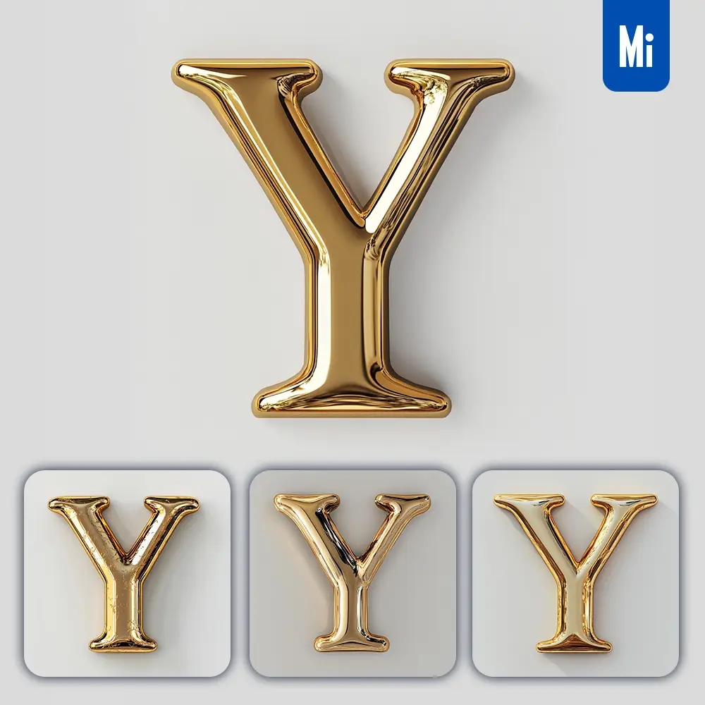 Midjourney Prompt Y Letter Gold Golden Single Smooth Glossy 3D Rendering