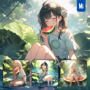 Midjourney Prompt Beautiful Girl Sit Happy Summer Watermelon Animation