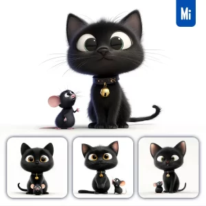 Midjourney Prompt Black Cartoon 3D Cat Mouse Animation Cute Eyes