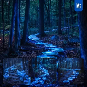 Midjourney Prompt Blue Mushroom Forest Path Woods Fantasy Photography