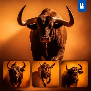 Midjourney Prompt Bull Front Orange Yellow Silhouette Photography