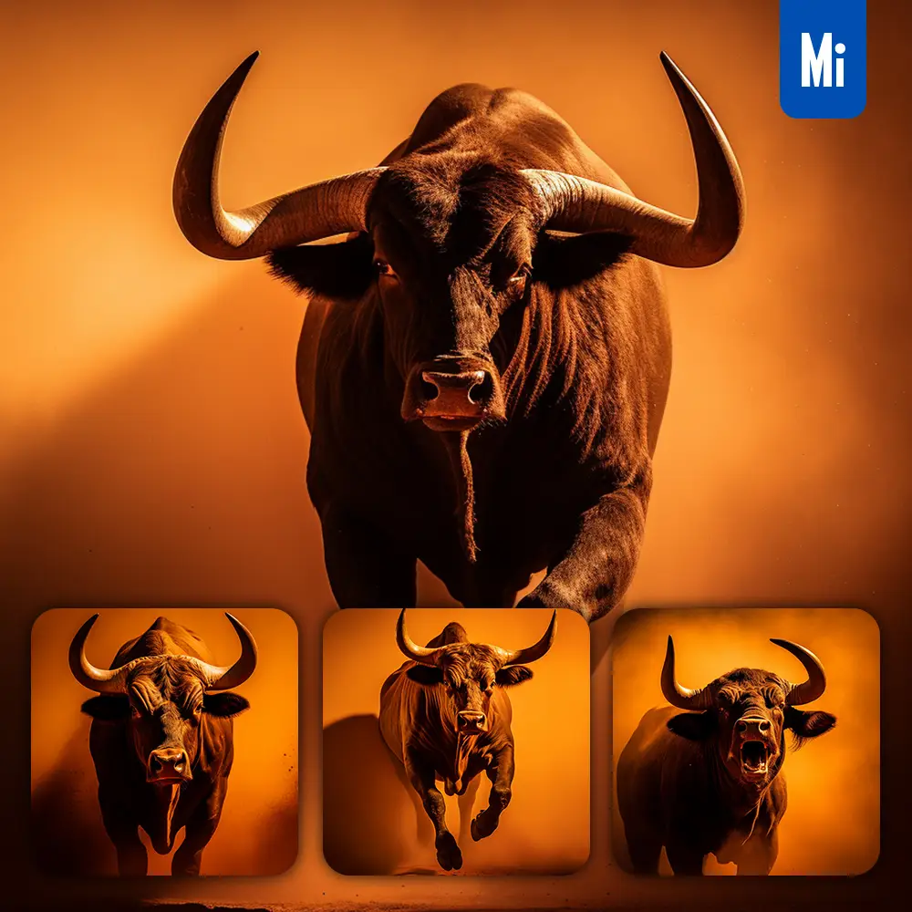 Midjourney Prompt Bull Front Orange Yellow Silhouette Photography
