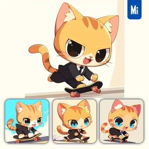 Midjourney Prompt Cat Cute Cartoon Suit Skateboard Illustration Orange Animation Comic
