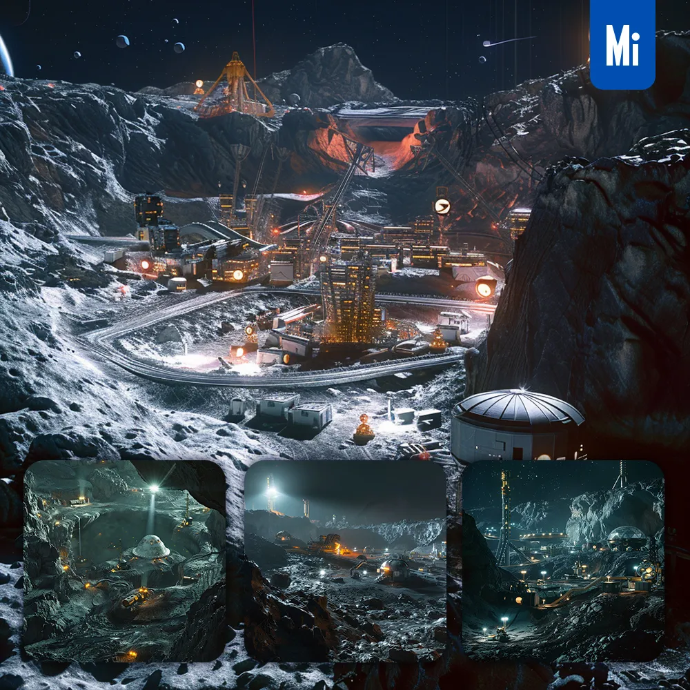 Midjourney Prompt Colony Asteroid Moon Dome Drill Mining Operation Sci-fi Photography