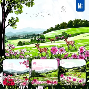 Midjourney Prompt Deer Grass Meadow Wildflower Grazing Grassland Landscape Drawing Illustration