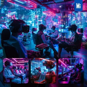 Midjourney Prompt Futuristic VR Glasses Game Gaming Lounge Room Player Headset Sci-fi Photography