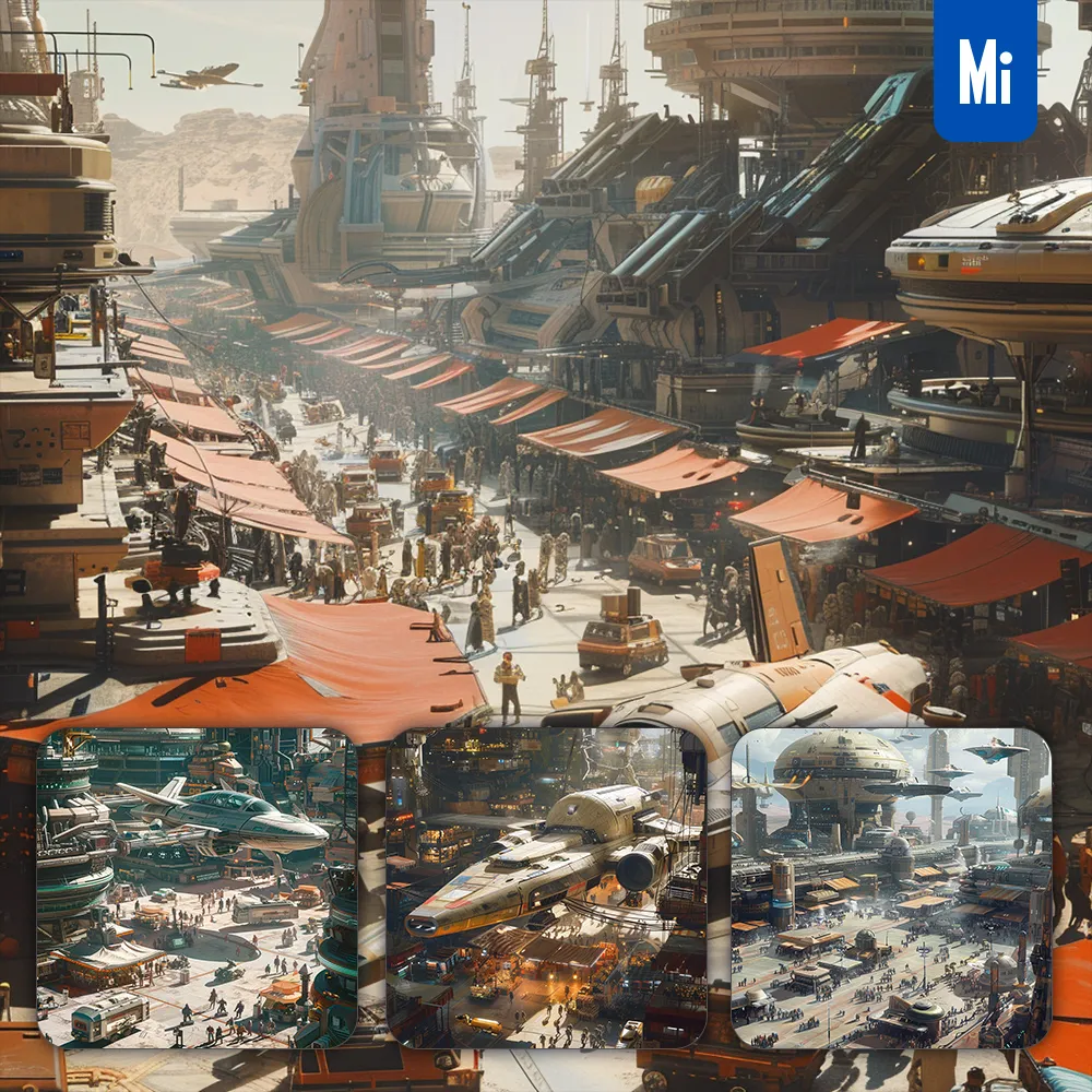 Midjourney Prompt Futuristic Spaceport Alien Spacecraft Exotic Market Sci-fi Photography