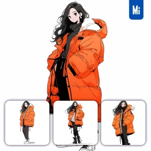 Midjourney Prompt Girl Woman Orange Down Jacket Drawing Illustration Cartoon
