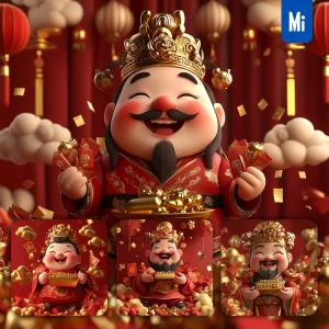 Midjourney Prompt God of Wealth 3D Rendering Cartoon Cute Golden Money Red Envelope