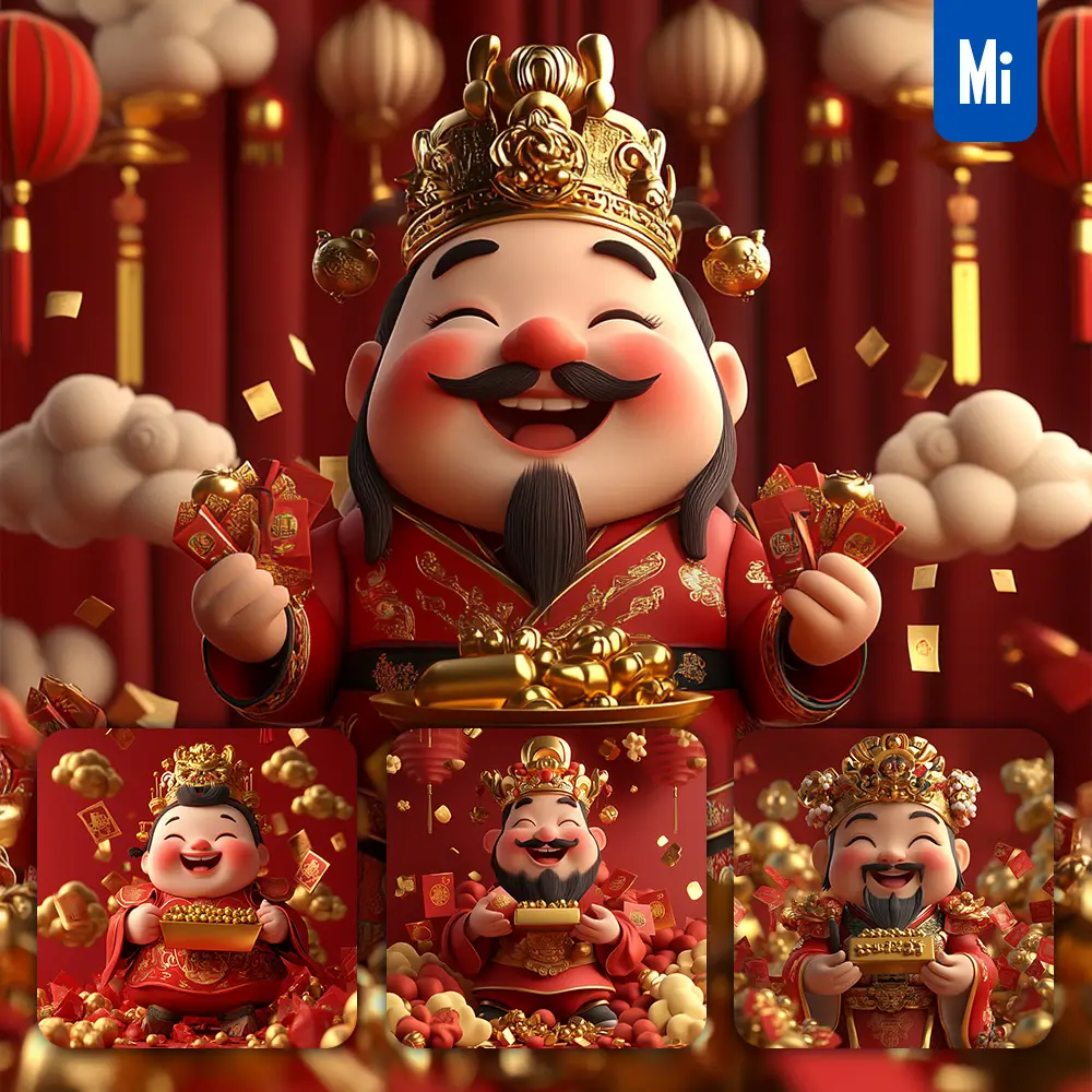 Midjourney Prompt God of Wealth 3D Rendering Cartoon Cute Golden Money Red Envelope