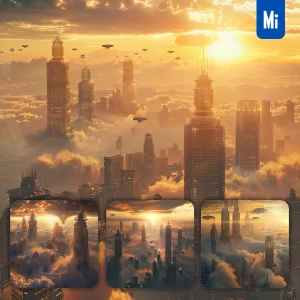 Midjourney Prompt Golden Cloud City Gold Skyscraper Building Sunset Airship Scene Sci-fi Photography