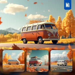 Midjourney Prompt Minibus Road Autumn 3D Rendering Maple