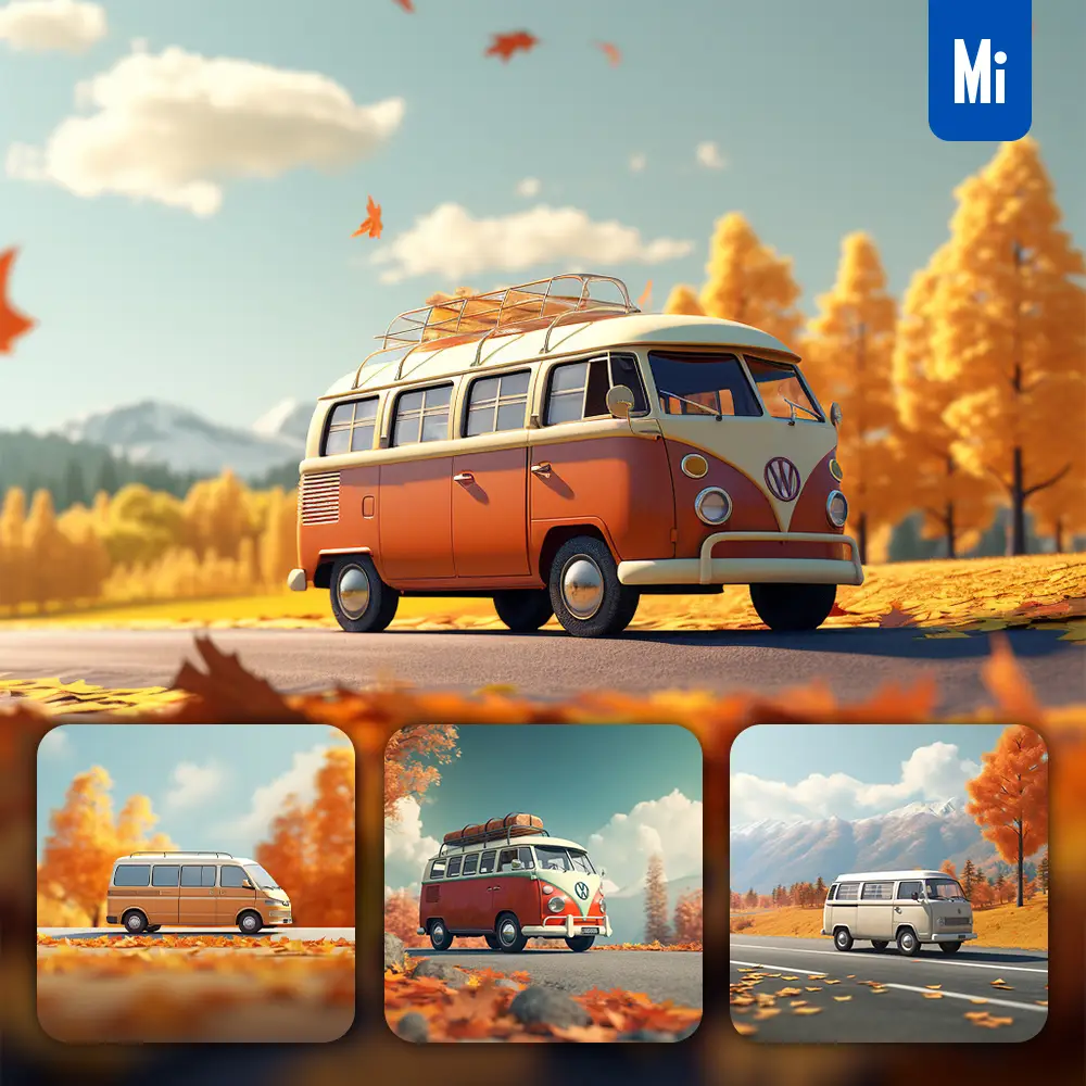 Midjourney Prompt Minibus Road Autumn 3D Rendering Maple