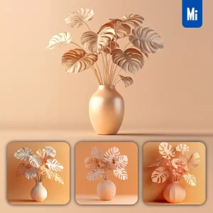 Midjourney Prompt Monstera Vase Paper Leaves Yellow Art 3D Orange