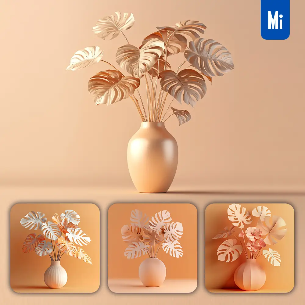 Midjourney Prompt Monstera Vase Paper Leaves Yellow Art 3D Orange