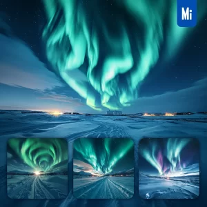 Midjourney Prompt Northern Polar Light Snowy Snowfield Aurora Sky Landscape Photography