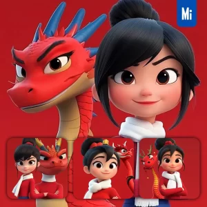 Midjourney Prompt Red Dragon Cute Girl Chinese 3D Animation Cartoon Portrait