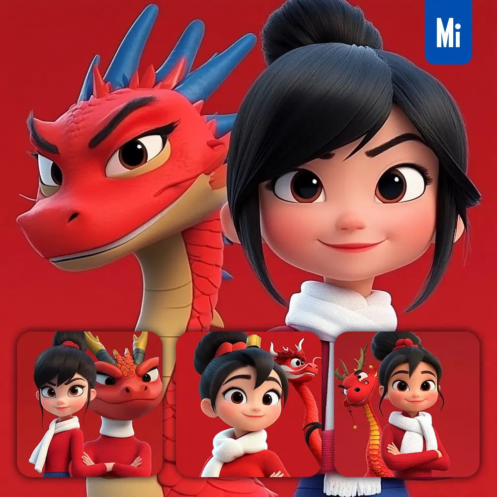 Midjourney Prompt Red Dragon Cute Girl Chinese 3D Animation Cartoon Portrait