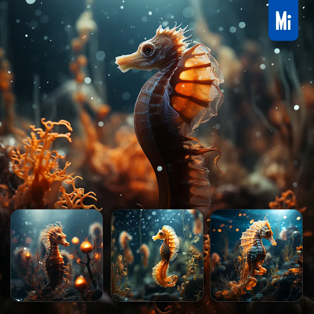 Midjourney Prompt Sea Horse Underwater Seafloor Sea Photography
