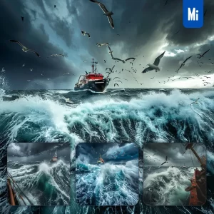 Midjourney Prompt Stormy Sea Ship Rainstorm Water Wave Ocean Cloud Landscape Photography