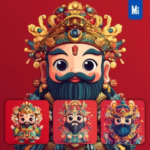 Midjourney Prompt Vector God of Wealth 3D Rendering Cartoon Cute Golden Money Red Envelope Illustration