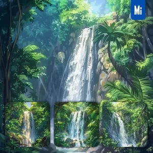 Midjourney Prompt Waterfall Jungle Tropical Foliage Landscape Illustration Watercolor Painting Cartoon Animation