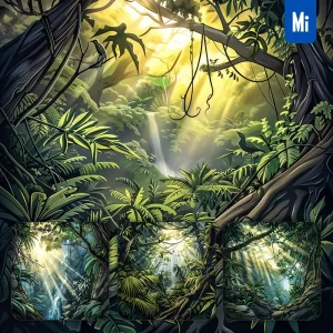Midjourney Prompt Waterfall Water Moss Rock Tropical Rainforest Scene Rainbow Landscape Illustration Comic