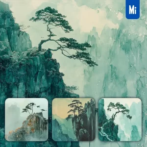 Midjourney Prompt Rock Tree Mountain Lake Green Cyan Digital Ink Painting