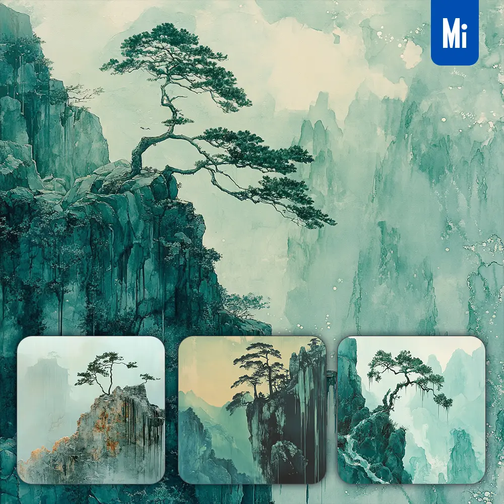 Midjourney Prompt Rock Tree Mountain Lake Green Cyan Digital Ink Painting