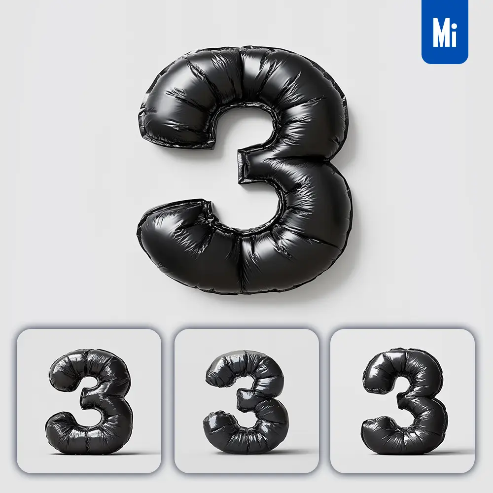 Midjourney Prompt 3 Number Black Inflated Balloon 3D Photography