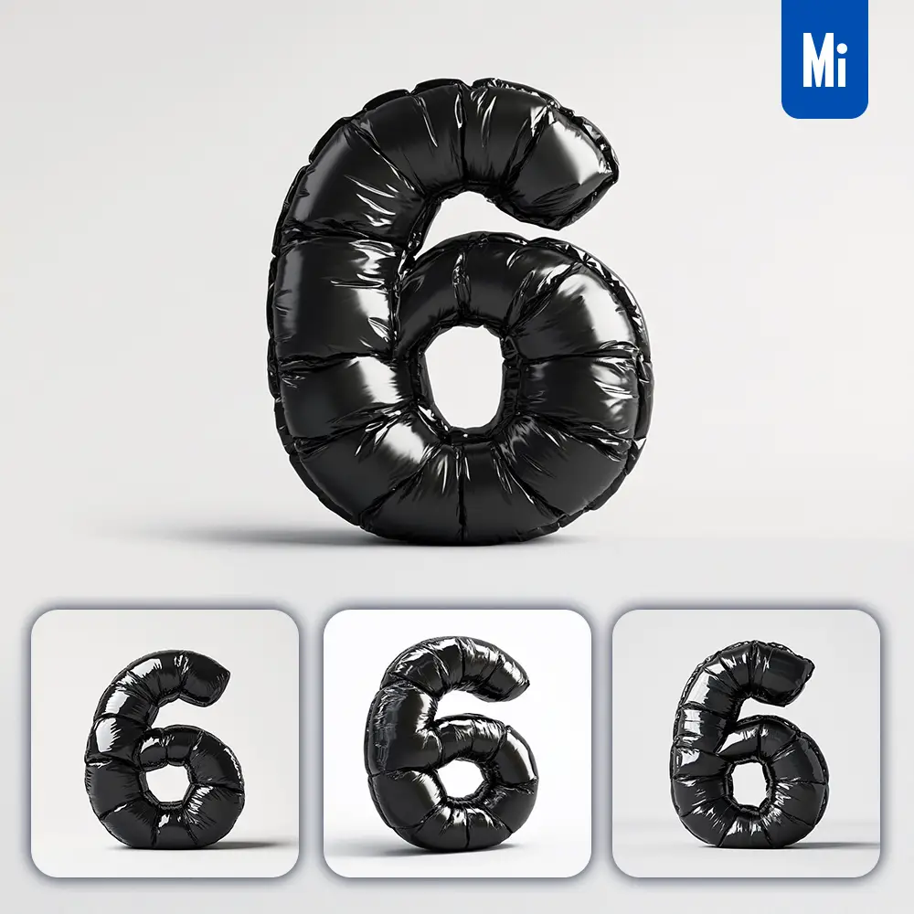 Midjourney Prompt 6 Number Black Inflated Balloon 3D Photography