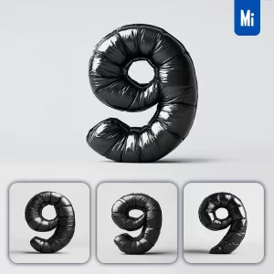 Midjourney Prompt 9 Number Black Inflated Balloon 3D Photography