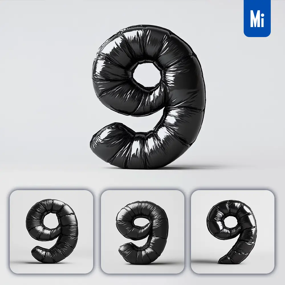 Midjourney Prompt 9 Number Black Inflated Balloon 3D Photography