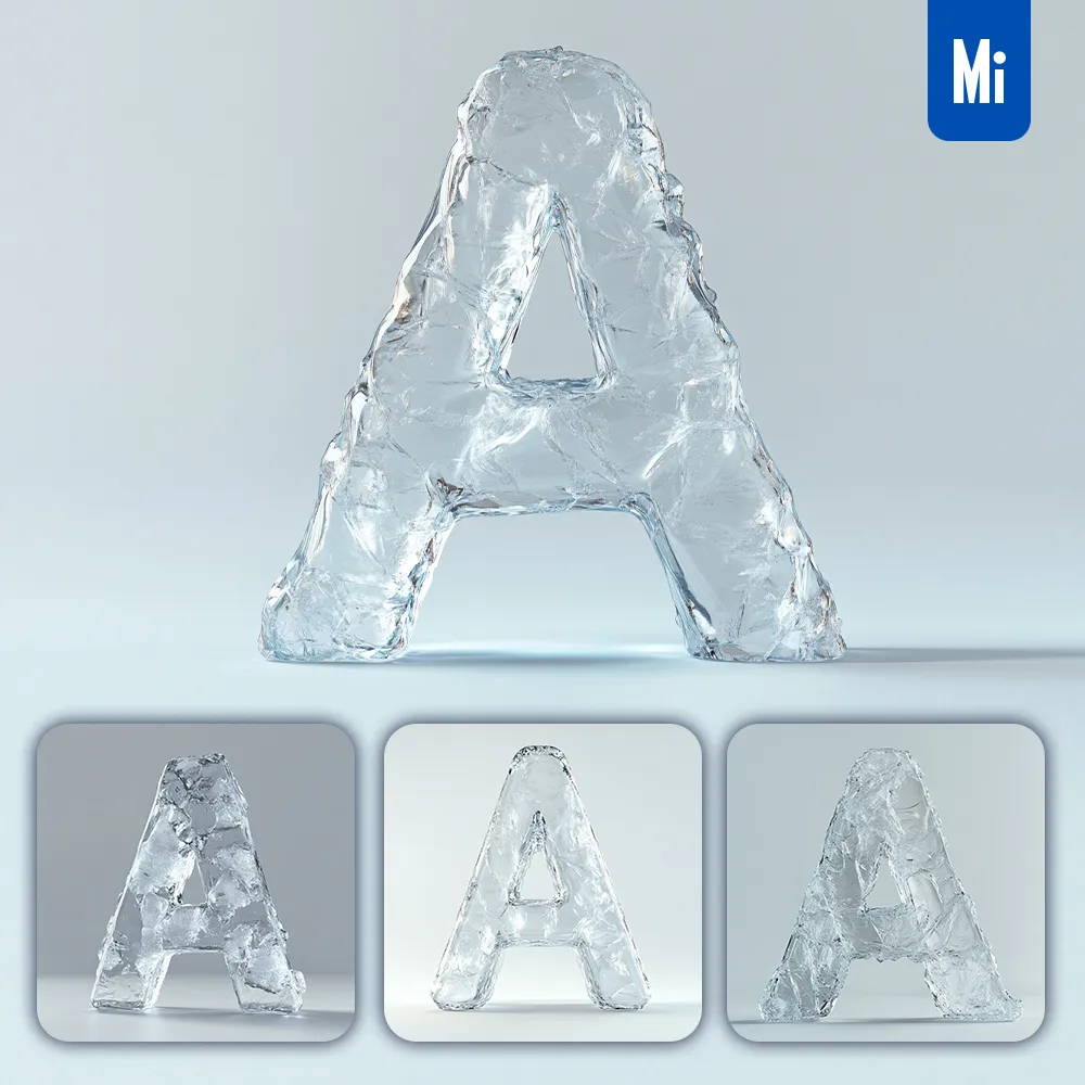 Midjourney Prompt a Letter Ice Transparent 3D Frozen