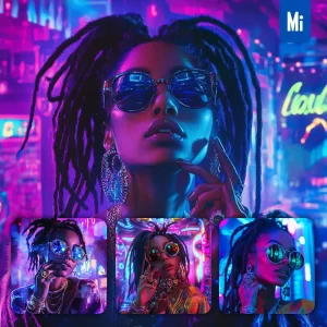 Midjourney Prompt African American Woman Sunglasses Dreadlocks Neon Light Purple Party Photography