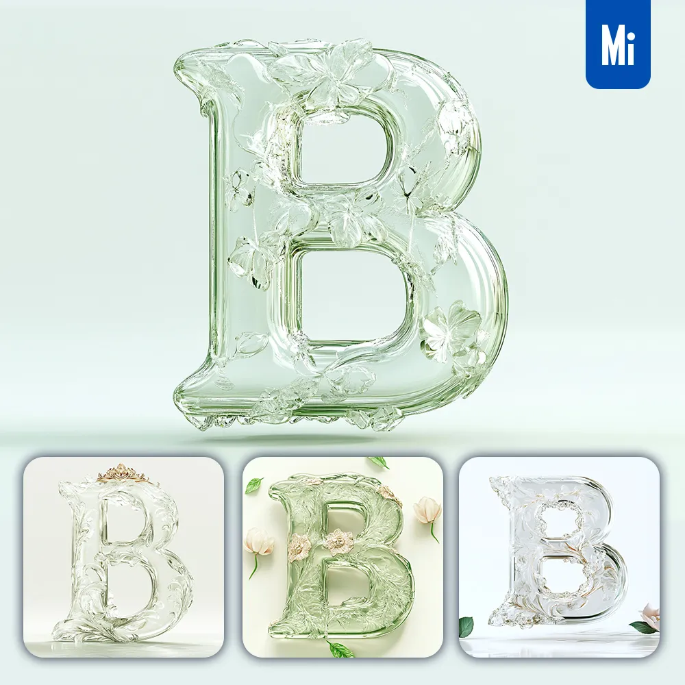Midjourney Prompt B Letter Ice Glass Transparent 3D
