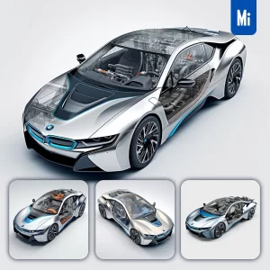 Midjourney Prompt BMW I8 Car EDrive Mechanical Isometric 3D Illustration