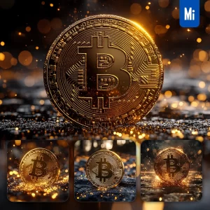 Midjourney Prompt BTC Bitcoin Gold Sparkling Coin Front Golden 3D Photography