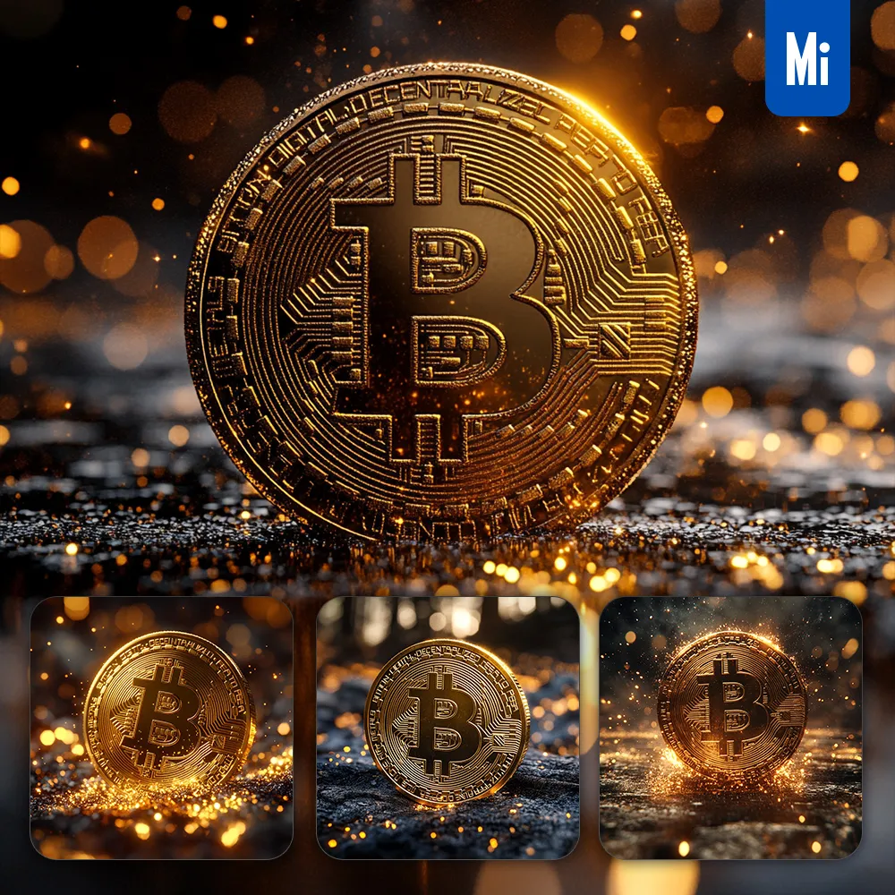 Midjourney Prompt BTC Bitcoin Gold Sparkling Coin Front Golden 3D Photography