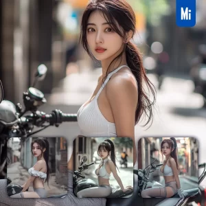Midjourney Prompt Chinese Beauty Girl Woman Ponytail Motorcycle Street Photography
