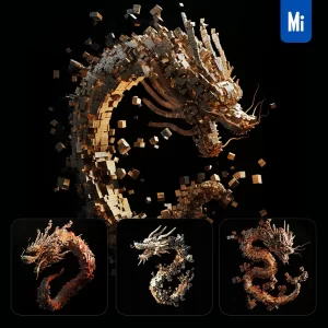 Midjourney Prompt Chinese Dragon Fly Flying Cube Abstract 3D