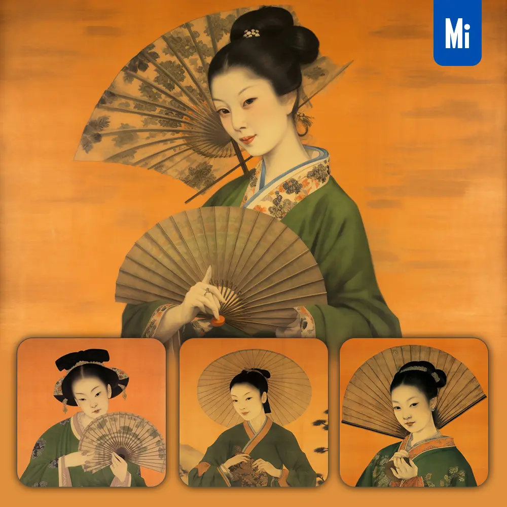 Midjourney Prompt Chinese Woman Lady Fan Traditional Ink Painting Illustration