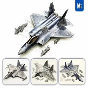 Midjourney Prompt F-22 Raptor Fighter Jet Breakdown Drawing Illustration